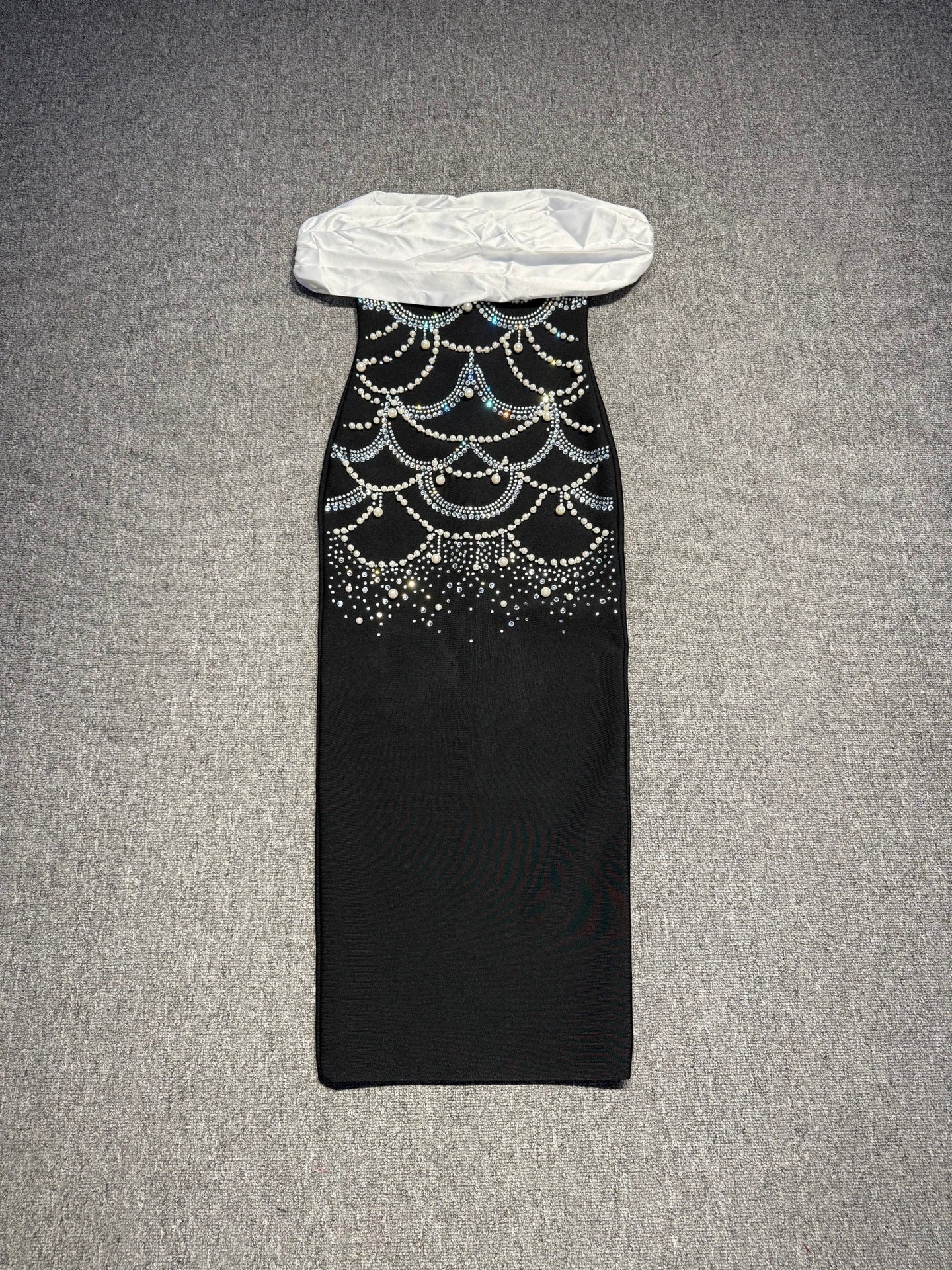 teresa beading rhinestone strapless midi dress in black