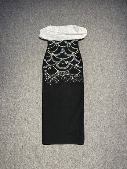teresa beading rhinestone strapless midi dress in black