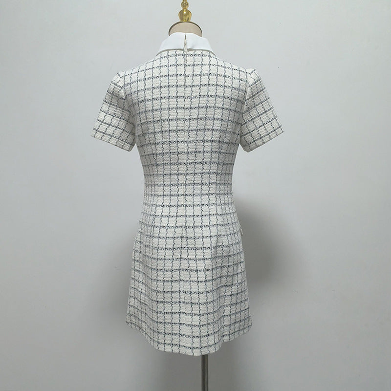 Decorative Buttons Check Mini Dress in White Avalabel