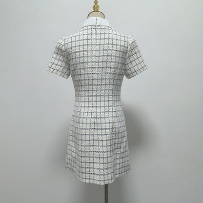 Decorative Buttons Check Mini Dress in White