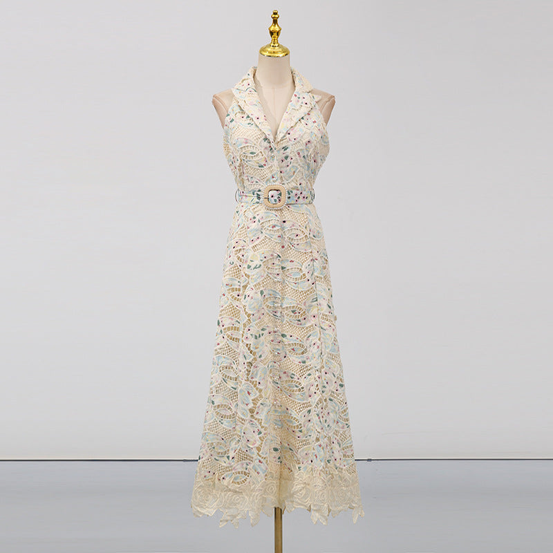 Chloe Sleeveless Hollow Lace Maxi Dress in Beige Avalabel