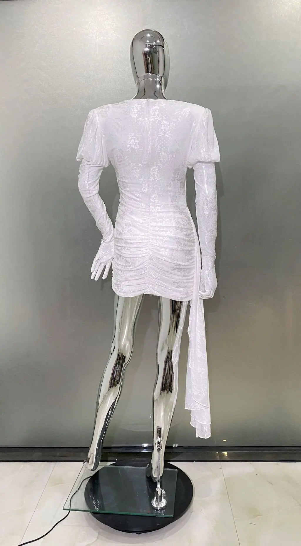 Dariel Floral Jacquard Cutout Draped Mini Dress - White Avalabel