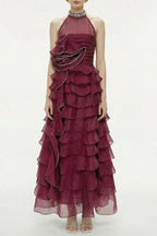 Samantha Red 3D Petal Ruffled Rhinestone Embellished Maxi Dress Avalabel