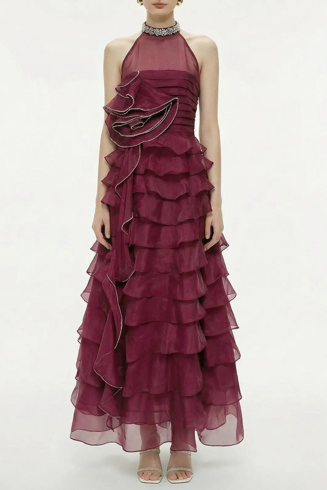 Samantha Red 3D Petal Ruffled Rhinestone Embellished Maxi Dress Avalabel
