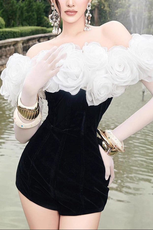off-shoulder 3D flower bodycon jumpsuit in black Avalabel
