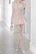 Eileen Long-Sleeve V-Neck Lace A-Line Mini Dress in Pink Avalabel