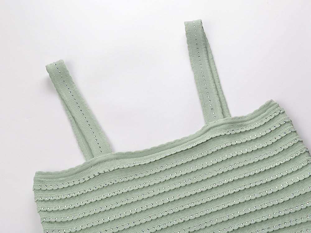 Rhinestone Trim Knit Crop Top in Almond Green Avalabel