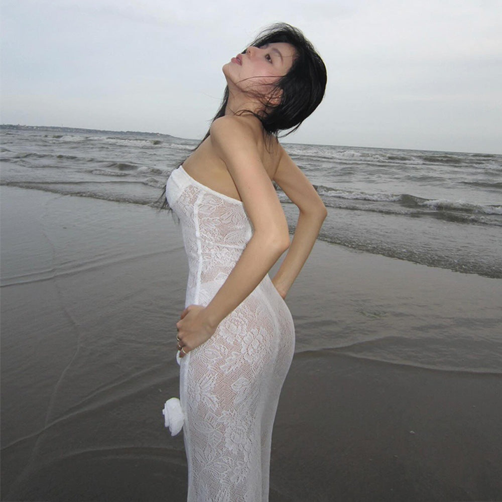 Sheer Lace Strapless Dress with Three-Dimensional Floral Fishtail Skirt - White Avalabel