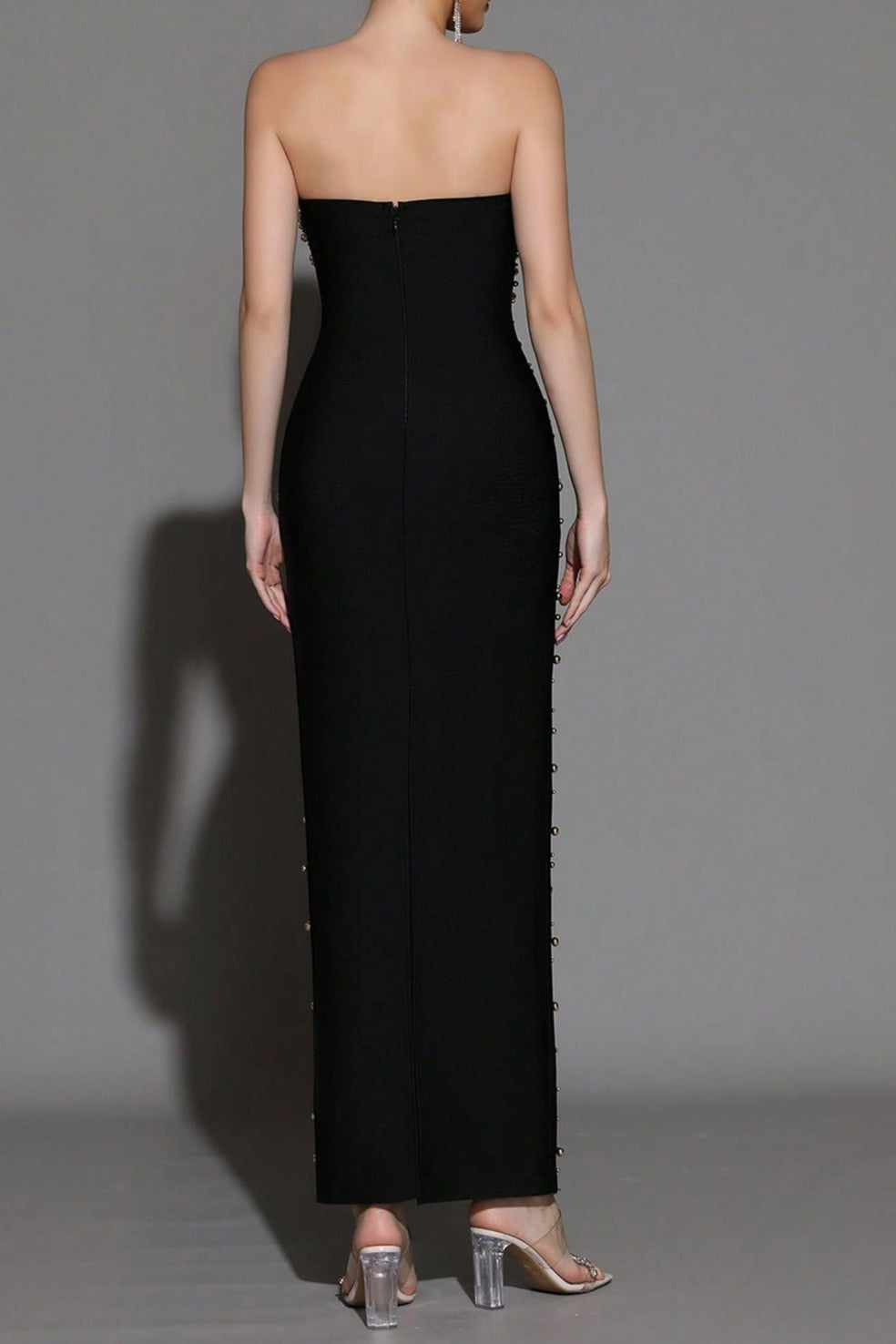 Pearl Rhinestone Beaded Strapless Black Maxi Dress Avalabel
