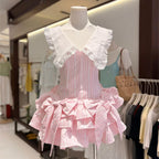 Nalaya Bow Stripe Puffy Mini Dress - Pink Avalabel
