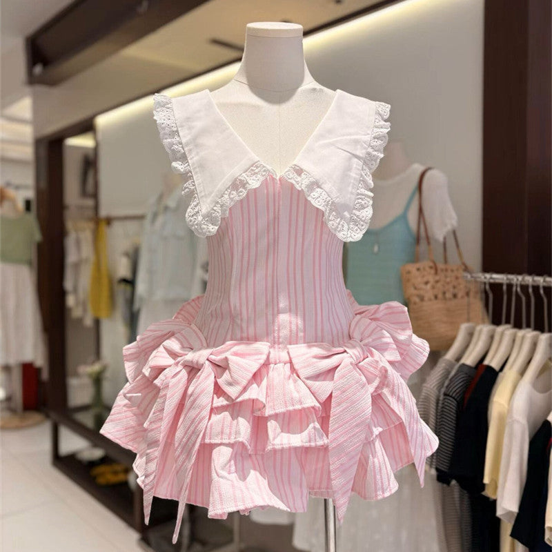 Nalaya Bow Stripe Puffy Mini Dress - Pink Avalabel