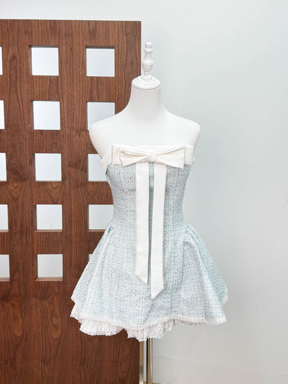 Bow Woven Lace Tube Top Mini Dress in Pink