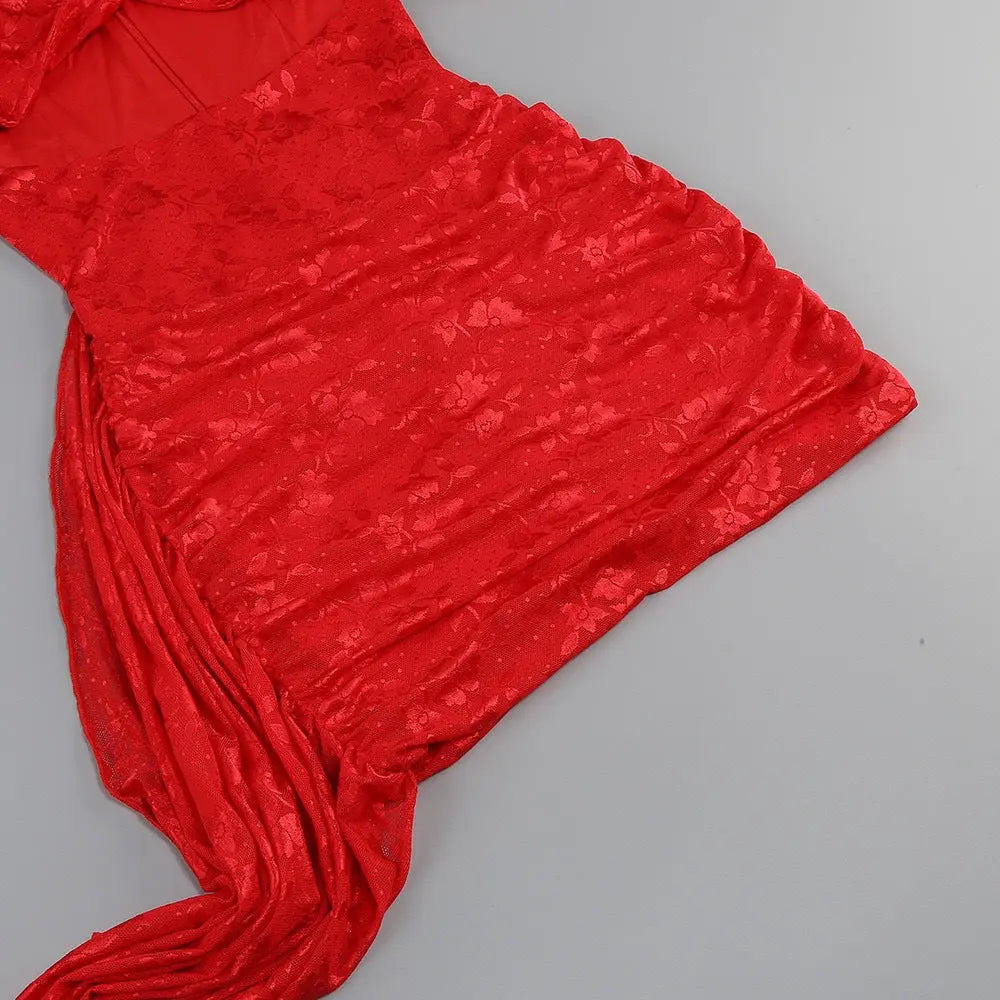 Dariel Floral Jacquard Cutout Draped Mini Dress - Red Avalabel