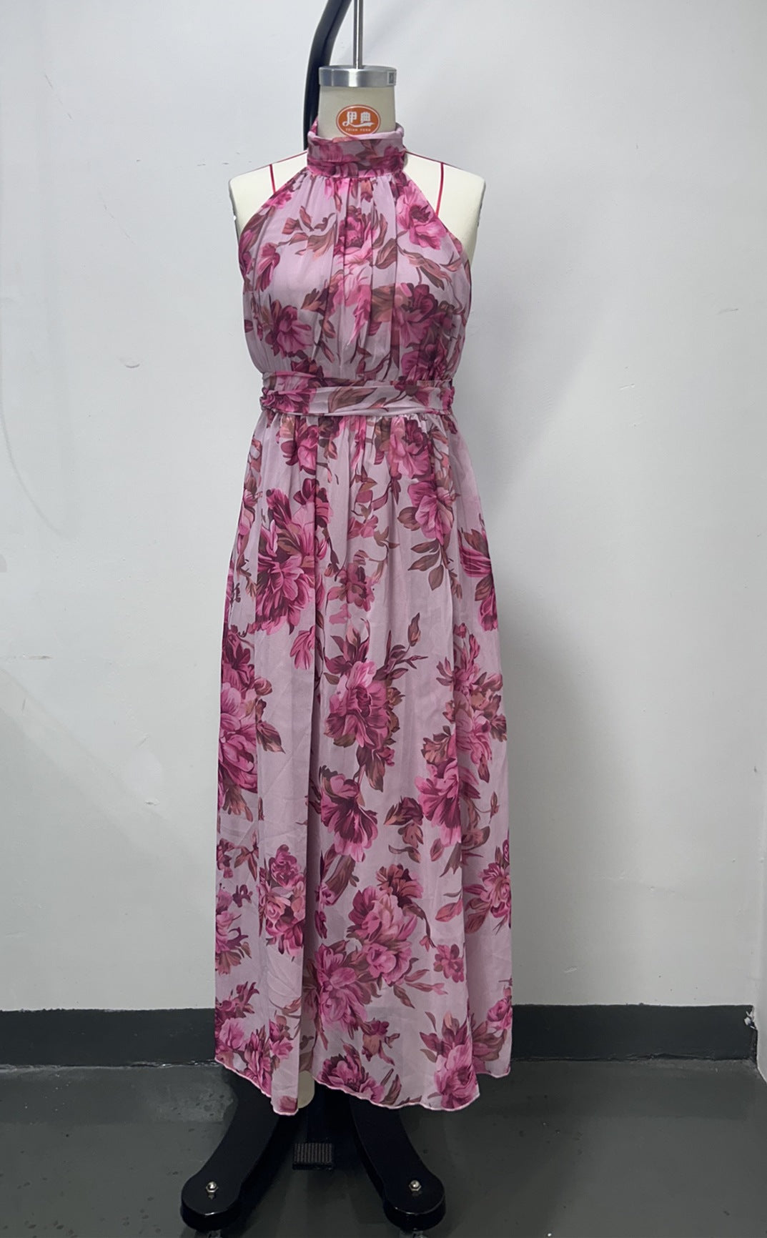 Polly Green Floral Chiffon Halter Maxi Dress Avalabel