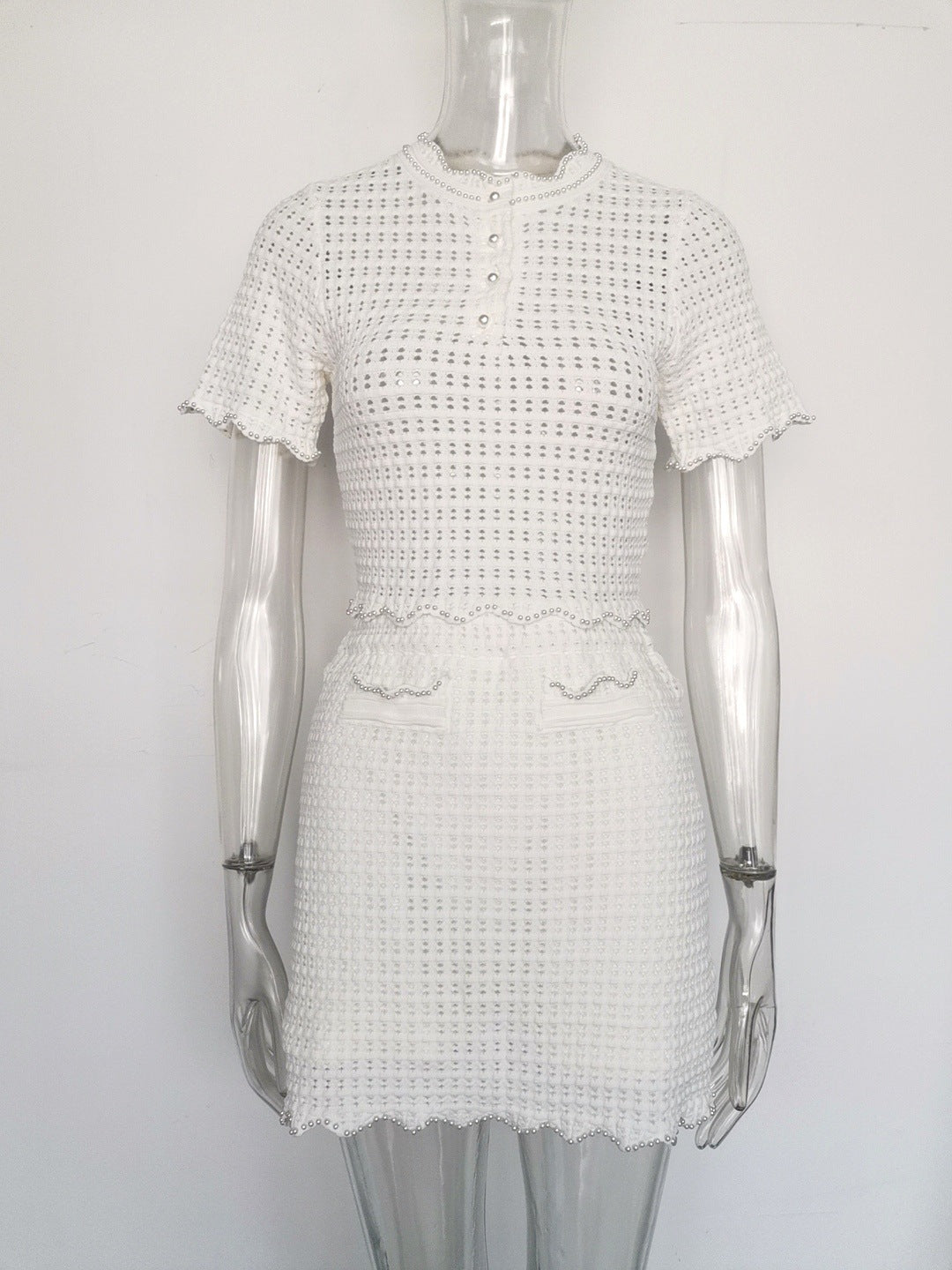 Angela Ruffle Trim Pearl Beaded Knit Sweater Avalabel