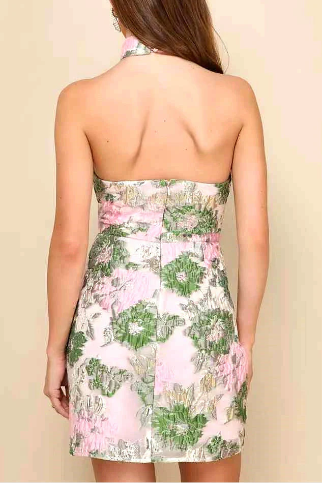 Jacquard Pink Green Floral Open Back Mini Dress Avalabel