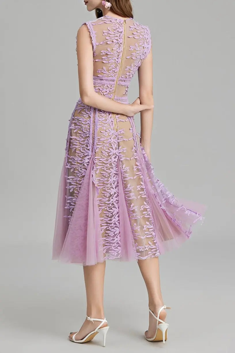 Phoenix 3D Embroidered Lace Mesh Midi Dress in Purple Avalabel