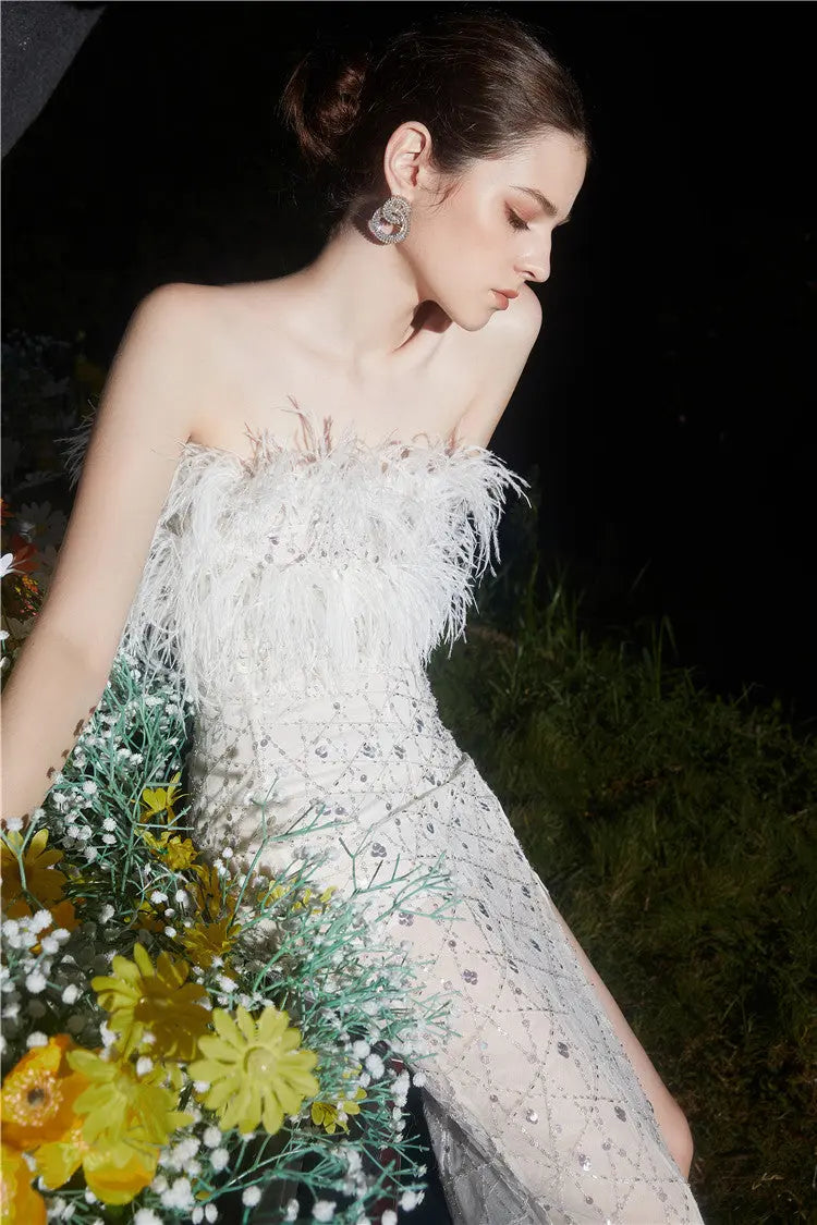 Masa White Haute Couture Feather Sequin Dress Avalabel