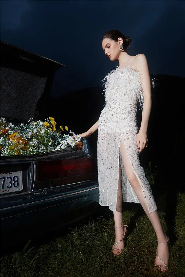 Masa White Haute Couture Feather Sequin Dress Avalabel