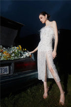 Masa White Haute Couture Feather Sequin Dress Avalabel
