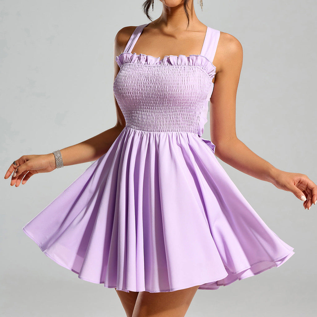 Ruffle Strap Smocked Back Bow Skater Mini Dress poava