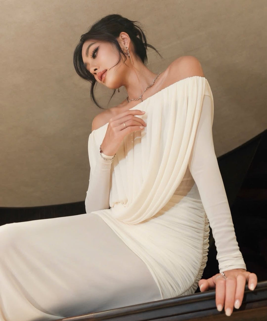 Cara Off-Shoulder Long Sleeve Pleated Mesh Maxi Dress in White Avalabel