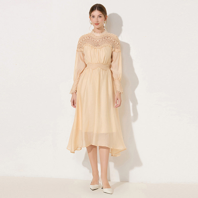 Cecilia Apricot Lantern Sleeves Openwork Wavy Trim Midi Dress Avalabel