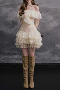 Elisha Off Shoulder Lace Ruffle Mini Dress Avalabel