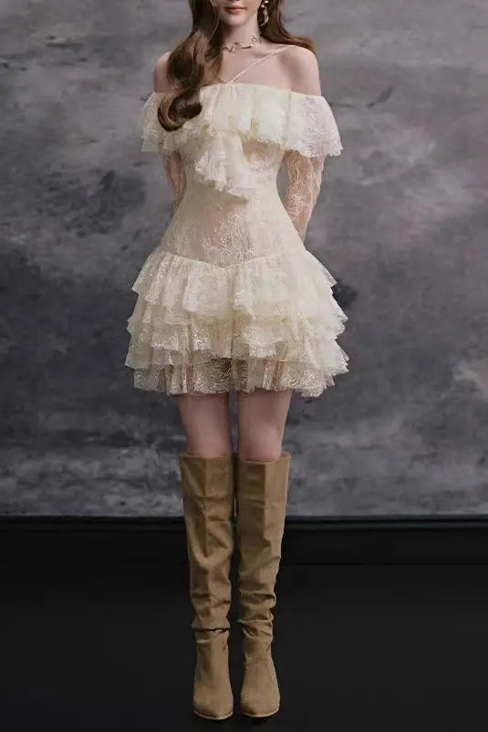 Elisha Off Shoulder Lace Ruffle Mini Dress Avalabel