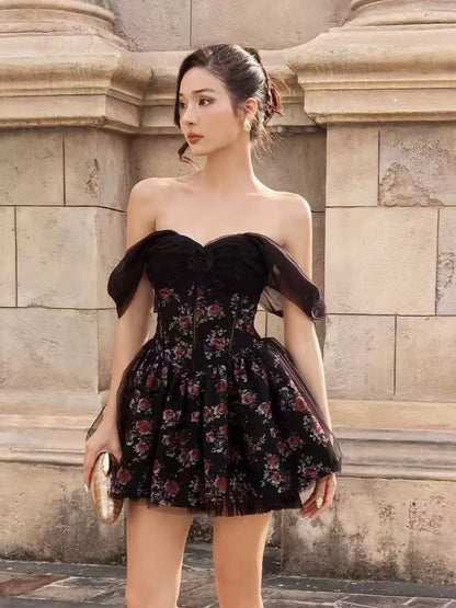 Bonnie Floral Printed Strapless Mini Dress in Black
