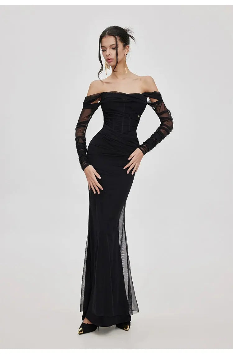 Ariel black Mesh Off-Shoulder Mermaid Maxi Dress Avalabel