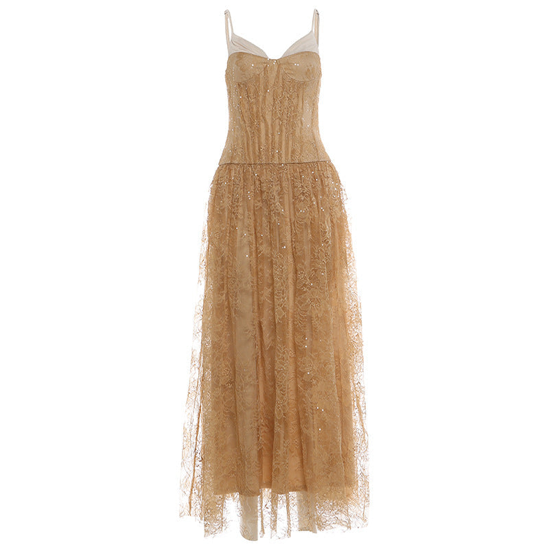Rose Asymmetrical Waist Spaghetti Strap Maxi Dress - Khaki Avalabel