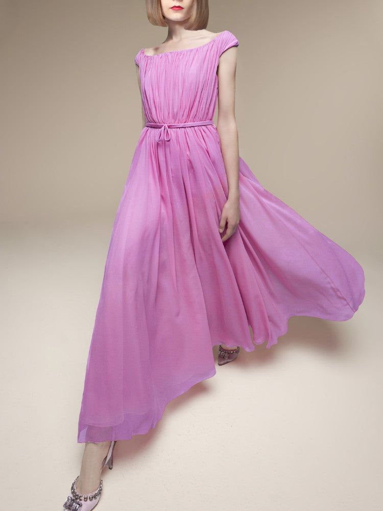 Pink One-Shoulder Pleated Dress Avalabel