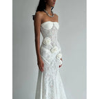 Sheer Lace Strapless Dress with Three-Dimensional Floral Fishtail Skirt - White Avalabel