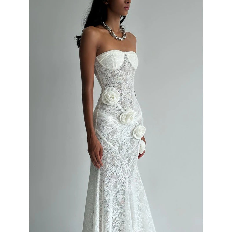 Sheer Lace Strapless Dress with Three-Dimensional Floral Fishtail Skirt - White Avalabel