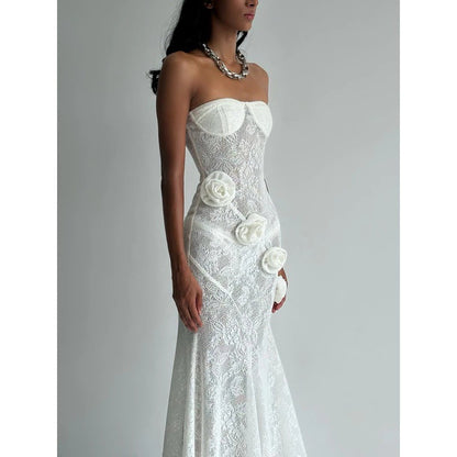 Sheer Lace Strapless Dress with Three-Dimensional Floral Fishtail Skirt - White