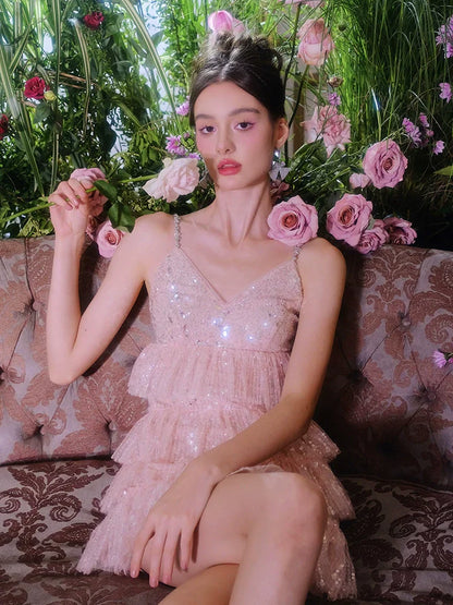 Pink Sleeveless Sequin layer ruffle short Dinner Dress
