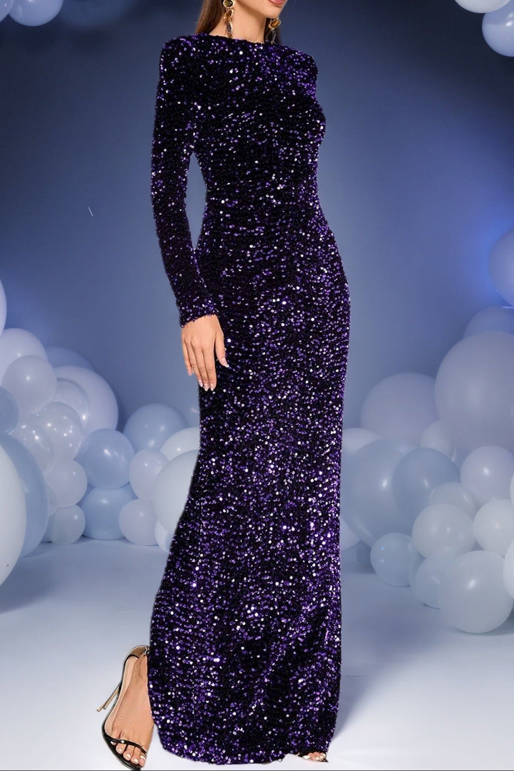 wallis Long Sleeve Split Hem Sequin maxi Dress in purple Avalabel