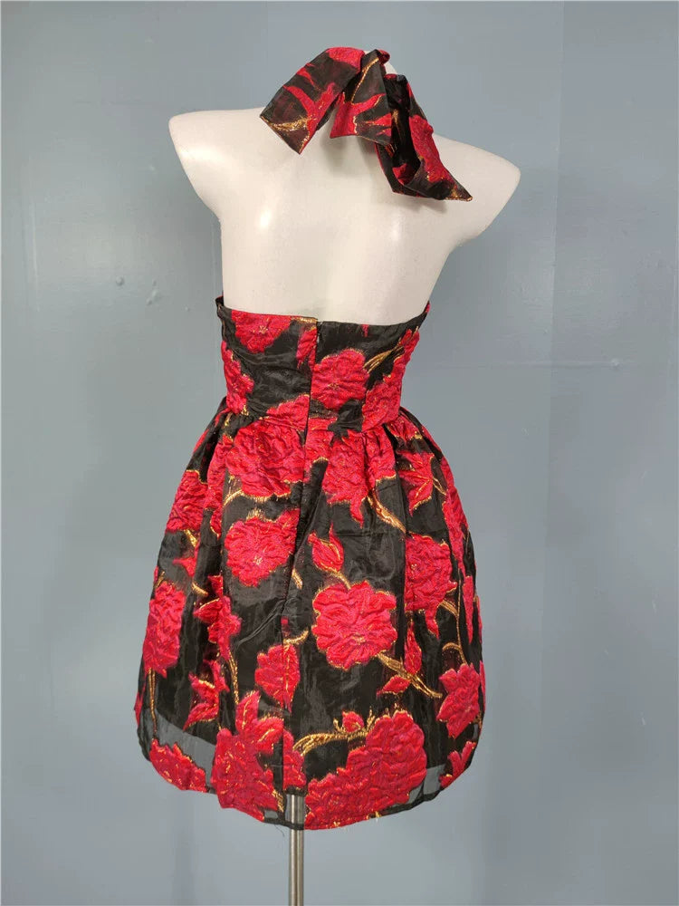 Jacquard halter backless A-line mini dress Avalabel