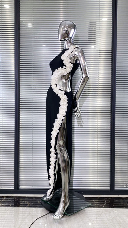 kimberley black Sleeveless Hollow Out Flowers Slit Bandage Maxi Dress