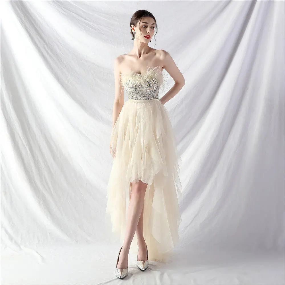 Strapless feather tulle midi dress Avalabel