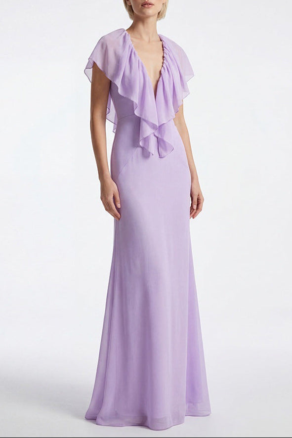 Simona Deep V-Neck Lace Backless Maxi Dress in Purple Avalabel