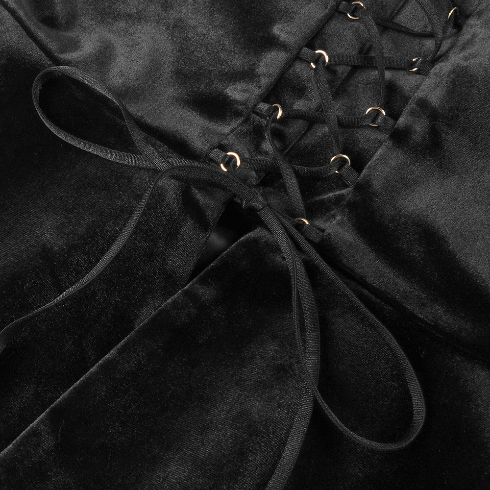 Petal-Layered Velvet Top Mini Skirt Suit Without Glove - Black/White Avalabel