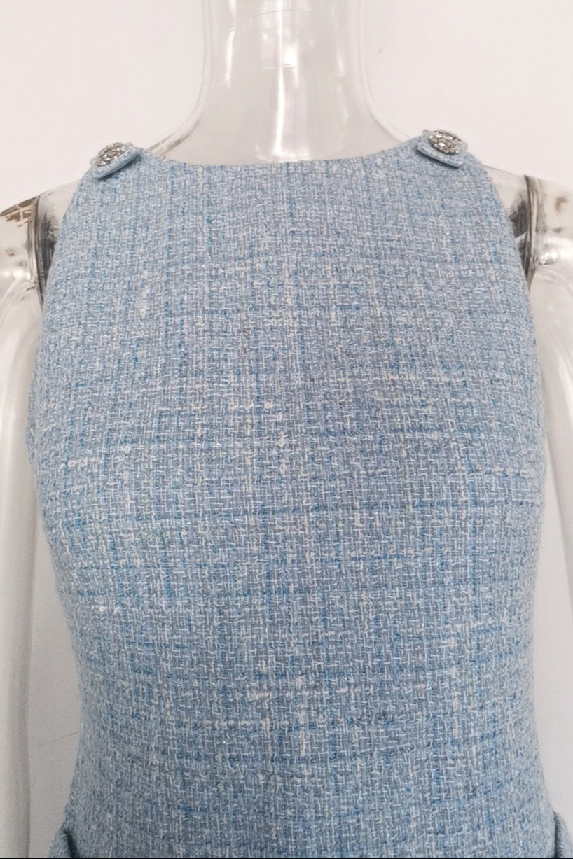 Halter Neck Tweed Vest Mini Dress in Blue Avalabel