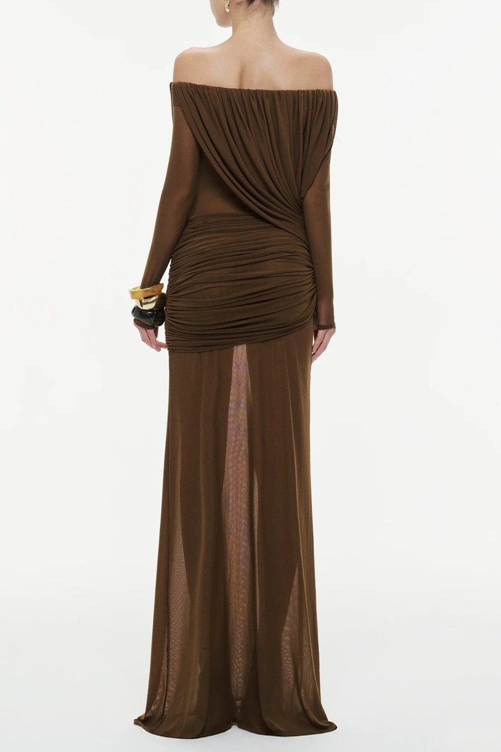 Cara Off-Shoulder Long Sleeve Pleated Mesh Maxi Dress in Brown Avalabel