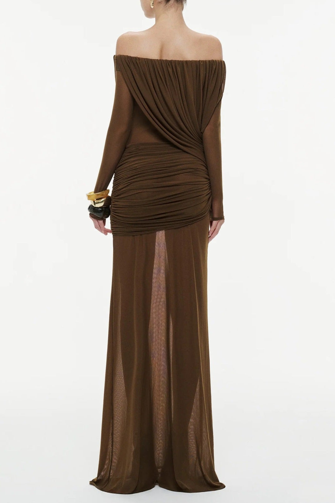 Cara Off-Shoulder Long Sleeve Pleated Mesh Maxi Dress in Brown Avalabel