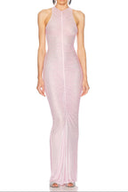 Hollow Mesh Rhinestone Sleeveless Maxi Dress in Pink Avalabel