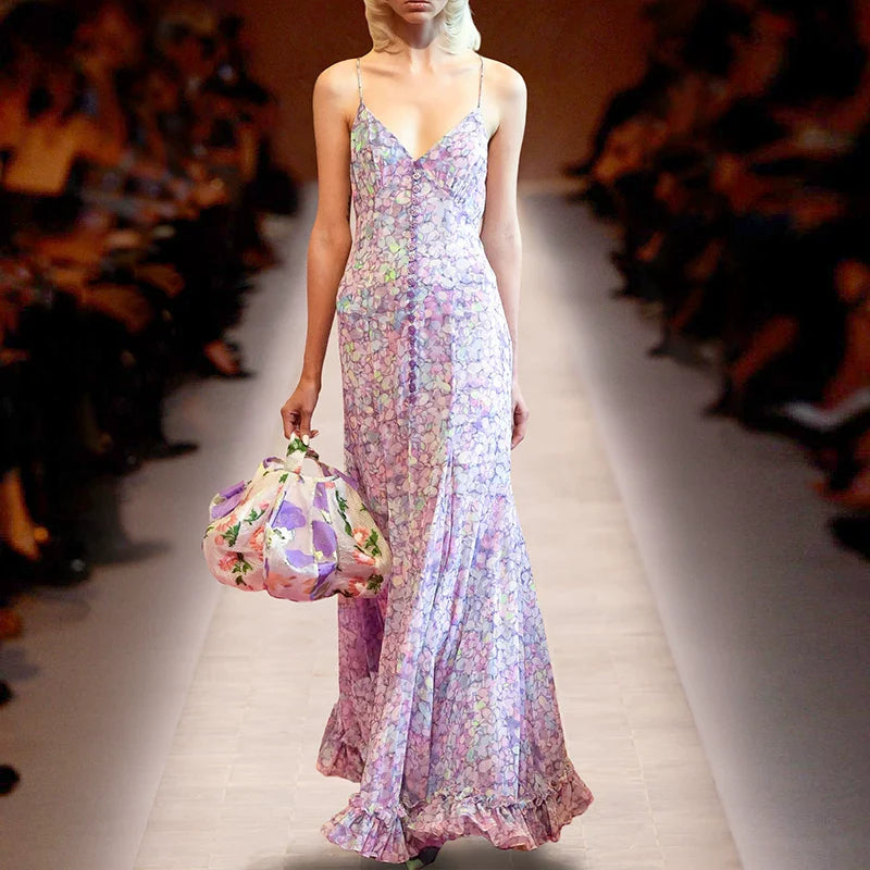 Pink Floral V-Neck Ruffle Maxi Dress Avalabel