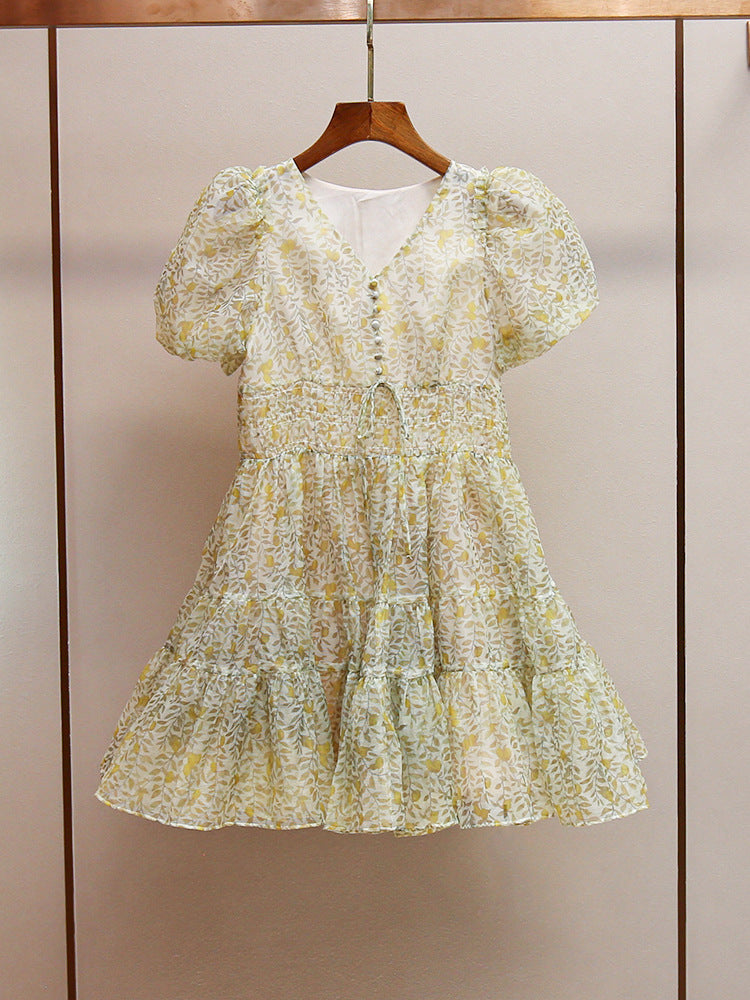 Printed V-neck tutu mini dress in Daisy Yellow Avalabel
