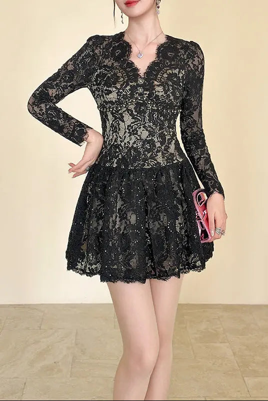 Sabrina Black Lace Hollow Long Sleeve A-Line Mini Dress Avalabel